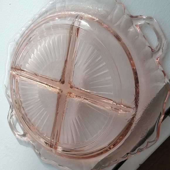 Pink depression glass serving platter divided with handles 8 1/2" x 10" - Picture 3 of 4